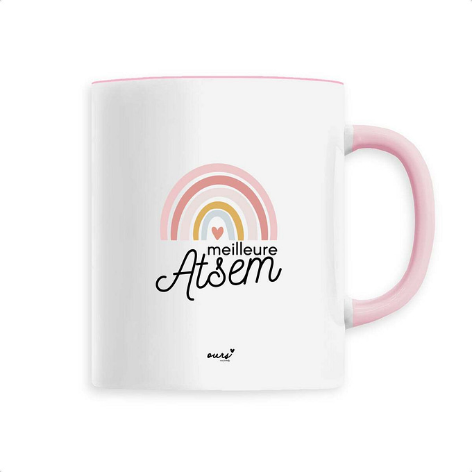 Mug Atsem message "Meilleurs Atsem" arc-en-ciel rose poudré